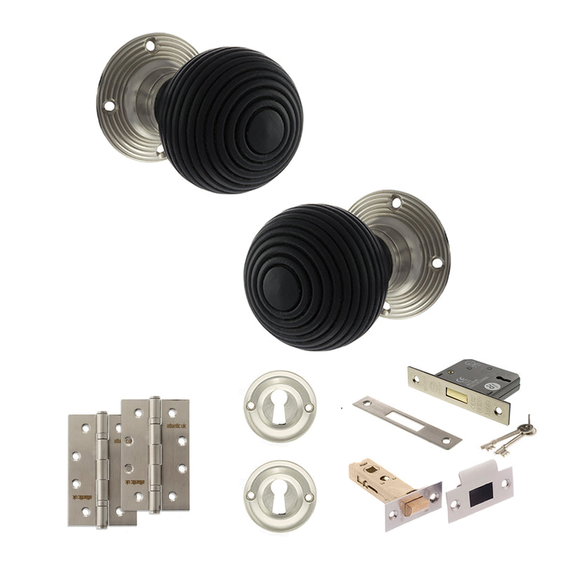 Old English Whitby Door Knob Pack (Lock Set - 3" Latch & Deadlock, 4" Slim Knuckle Hinges x2) - Satin Nickel