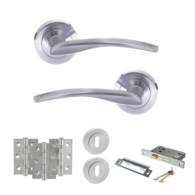 STATUS Arizona Door Handle Pack (3 Lever Lock Set - 2.5" CE Sashlock, 3" Fire Rated Hinges x3) - Satin Chrome