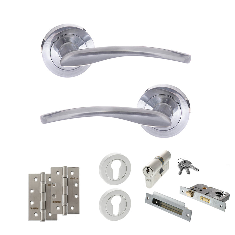 STATUS Arizona Door Handle Pack (Euro Lock Set - 3" CE Sashlock, 4" Slim Knuckle Hinges x2) - Satin Chrome