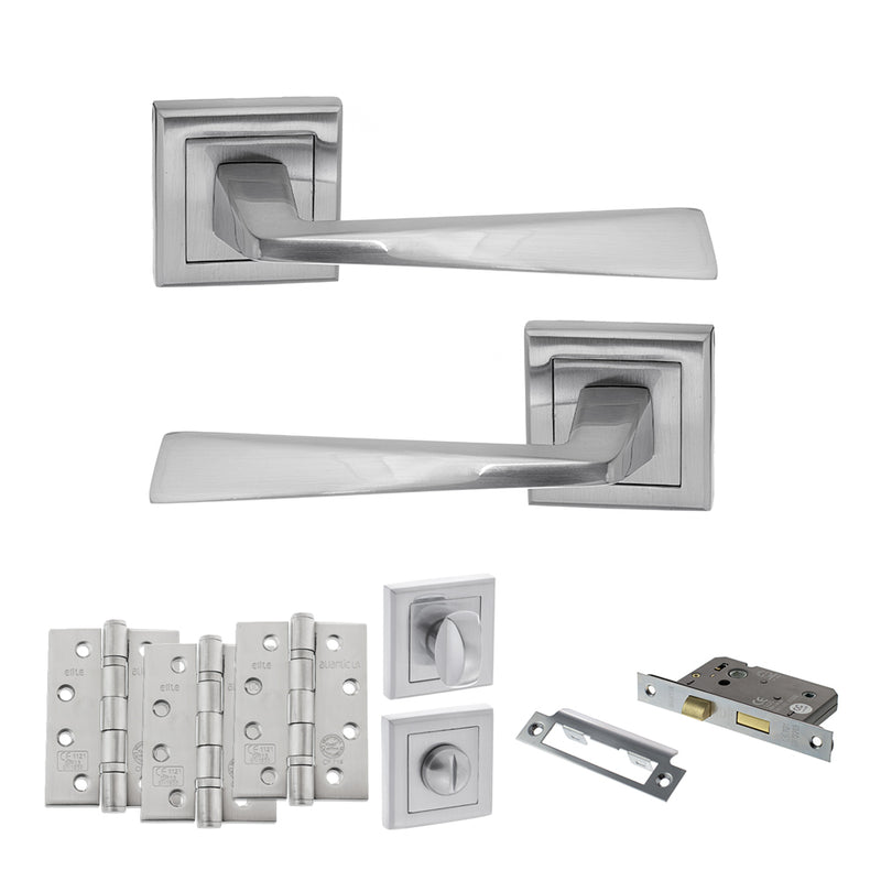 STATUS California Door Handle Pack (Bathroom Set - 2.5" CE Bathroom Lock, 4" Fire Rated Hinges x3) - Satin Chrome