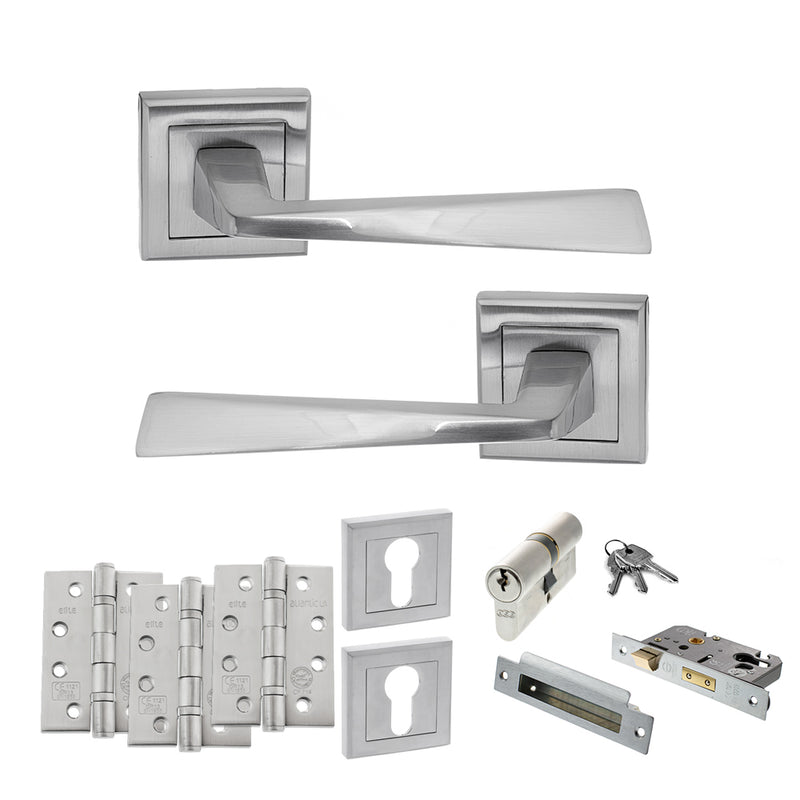 STATUS California Door Handle Pack (Euro Lock Set - 3" CE Sashlock, 4" Fire Rated Hinges x3) - Satin Chrome