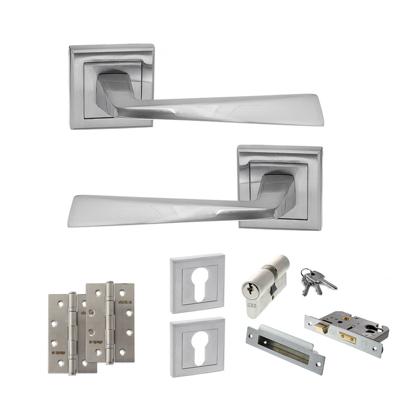 STATUS California Door Handle Pack (Euro Lock Set - 2.5" CE Sashlock, 4" Slim Knuckle Hinges x2) - Satin Chrome