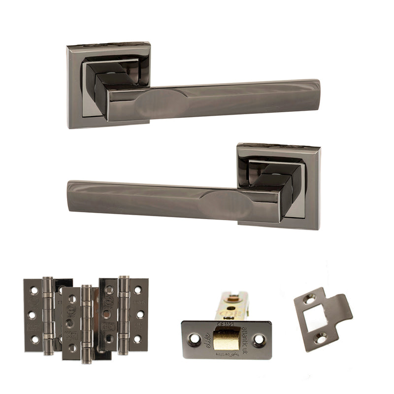 STATUS Kansas Door Handle Pack (Latch Set - 2.5" CE Latch, 3" Fire Rated Hinges x3) - Black Nickel