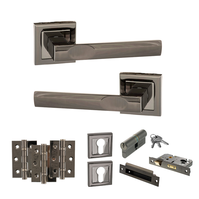 STATUS Kansas Door Handle Pack (Euro Lock Set - 2.5" CE Sashlock, 3" Premium Hinges x3) - Black Nickel