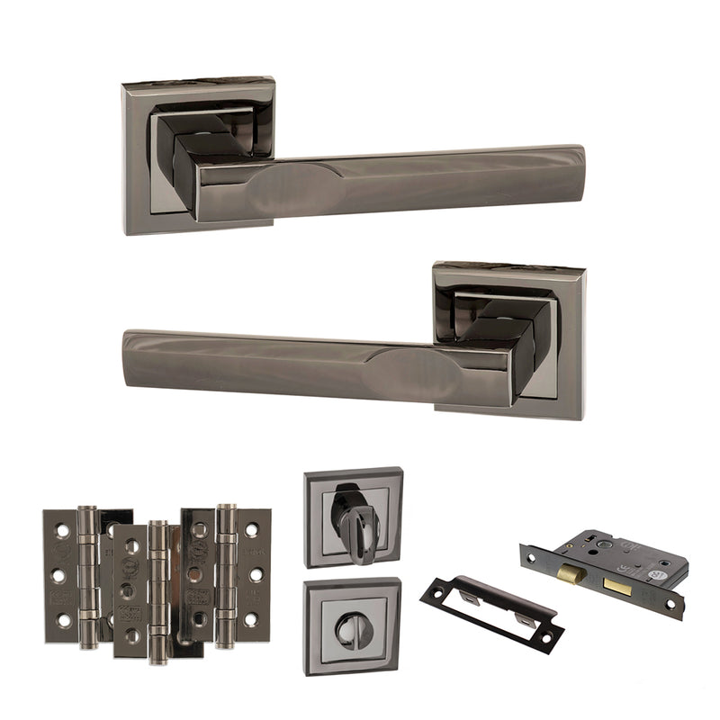 STATUS Kansas Door Handle Pack (Bathroom Set - 2.5" CE Bathroom Lock, 3" Premium Hinges x3) - Black Nickel