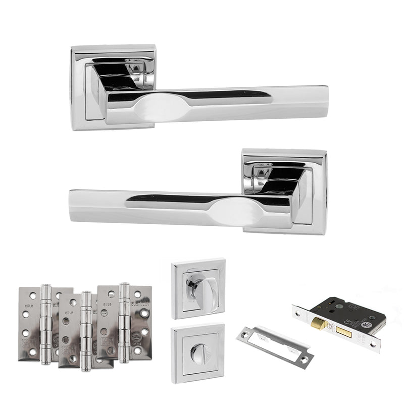 STATUS Kansas Door Handle Pack (Bathroom Set - 3" CE Bathroom Lock, 4" Fire Rated Hinges x3) - Polished Chrome
