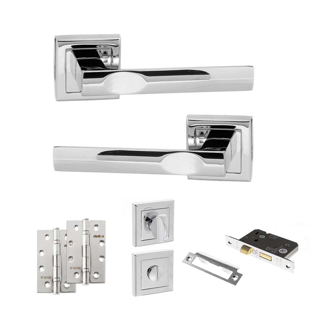 STATUS Kansas Door Handle Pack (Bathroom Set - 2.5" CE Bathroom Lock, 4" Slim Knuckle Hinges x2) - Polished Chrome