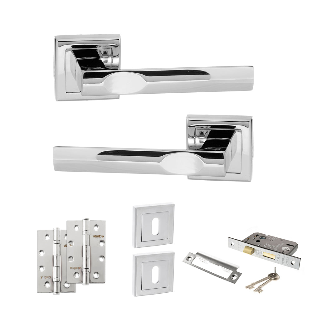 STATUS Kansas Door Handle Pack (3 Lever Lock Set - 3" CE Sashlock, 4" Slim Knuckle Hinges x2) - Polished Chrome