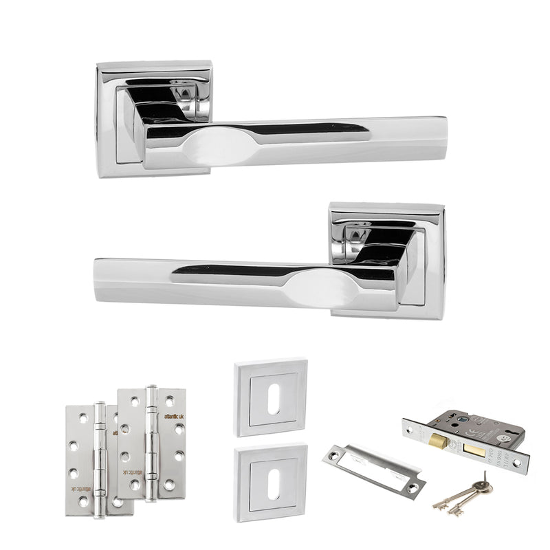 STATUS Kansas Door Handle Pack (3 Lever Lock Set - 3" CE Sashlock, 4" Slim Knuckle Hinges x2) - Polished Chrome