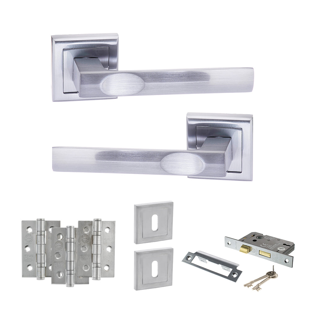 STATUS Kansas Door Handle Pack (3 Lever Lock Set - 2.5" CE Sashlock, 3" Premium Hinges x3) - Satin Chrome