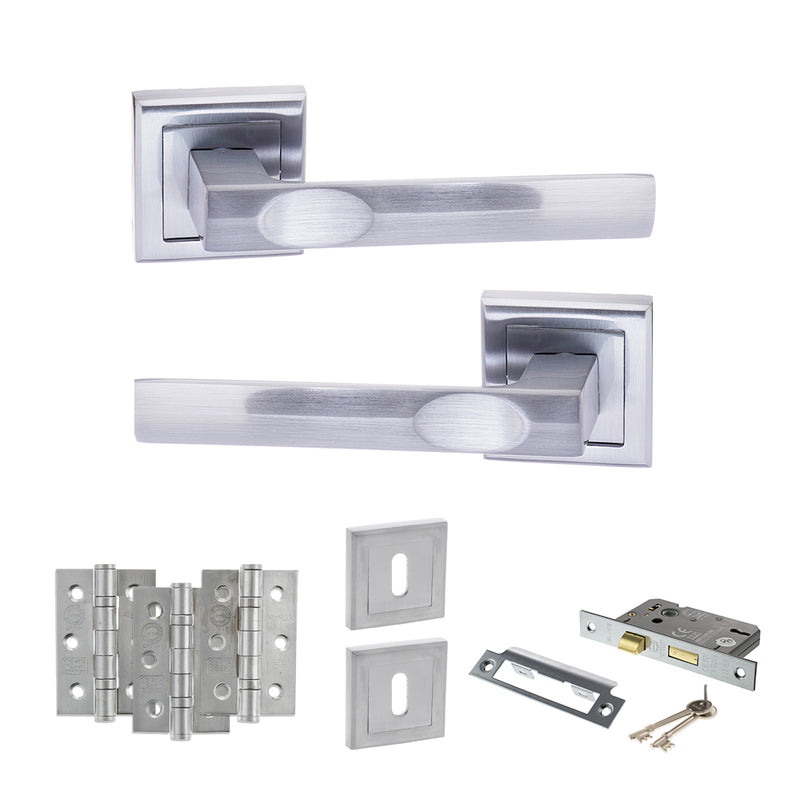 STATUS Kansas Door Handle Pack (3 Lever Lock Set - 2.5" CE Sashlock, 3" Fire Rated Hinges x3) - Satin Chrome