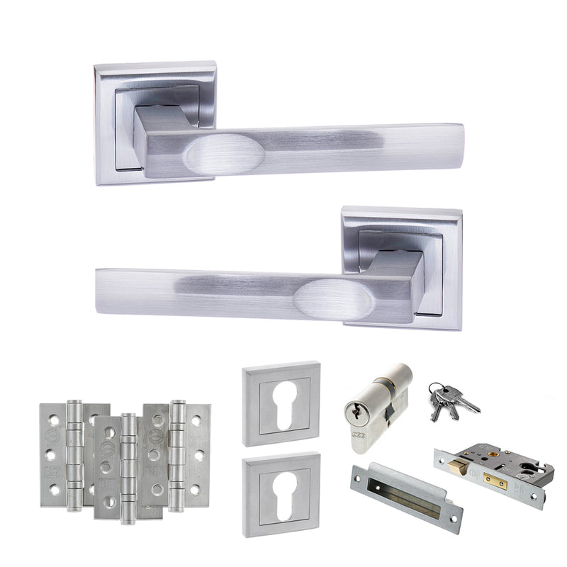 STATUS Kansas Door Handle Pack (Euro Lock Set - 2.5" CE Sashlock, 3" Fire Rated Hinges x3) - Satin Chrome