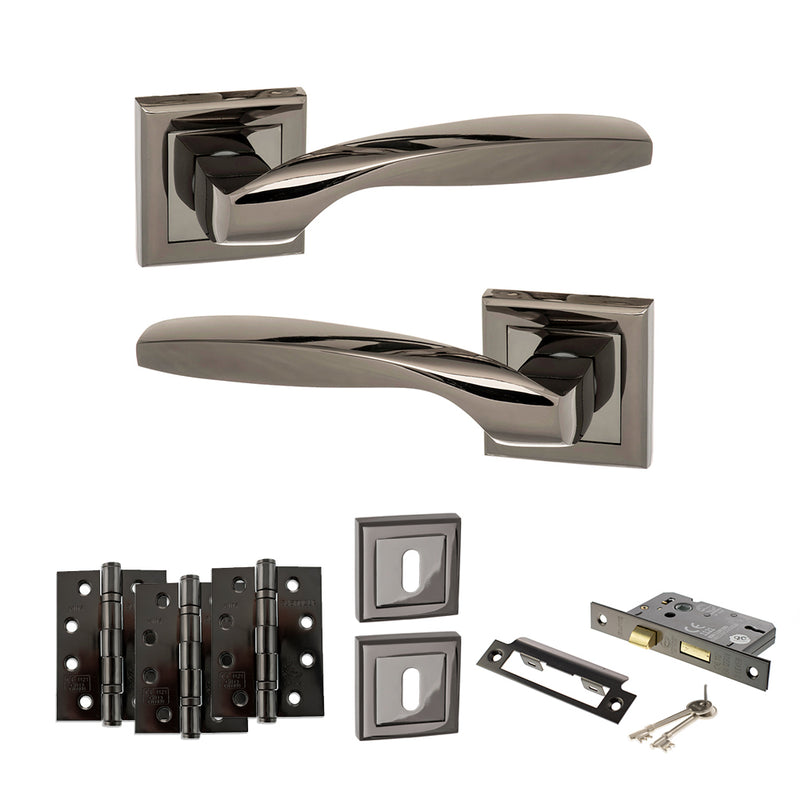 STATUS Oklahoma Door Handle Pack (3 Lever Lock Set - 2.5" CE Sashlock, 4" Fire Rated Hinges x3) - Black Nickel