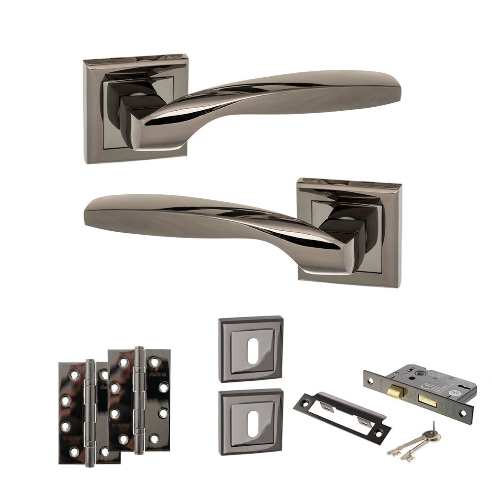 STATUS Oklahoma Door Handle Pack (3 Lever Lock Set - 2.5" CE Sashlock, 4" Slim Knuckle Hinges x2) - Black Nickel
