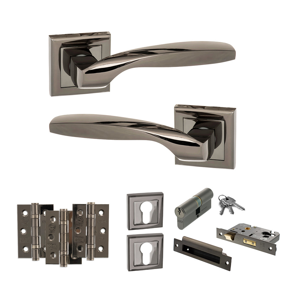 STATUS Oklahoma Door Handle Pack (Euro Lock Set - 3" CE Sashlock, 3" Premium Hinges x3) - Black Nickel