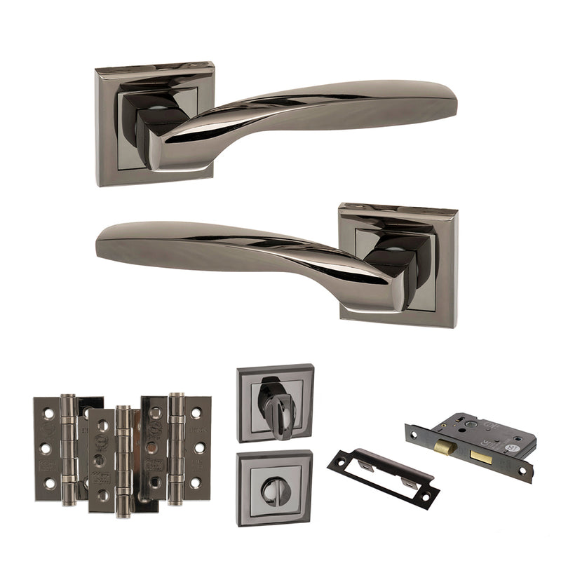 STATUS Oklahoma Door Handle Pack (Bathroom Set - 2.5" CE Bathroom Lock, 3" Fire Rated Hinges x3) - Black Nickel
