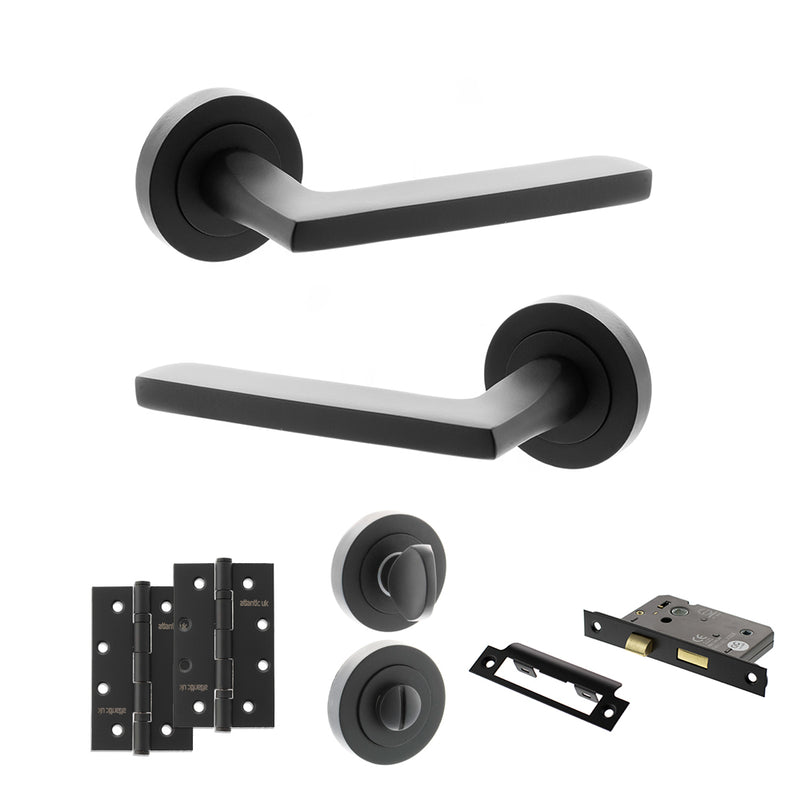 STATUS Alaska Door Handle Pack (Bathroom Set - 2.5" CE Bathroom Lock, 4" Slim Knuckle Hinges x2) - Matt Black