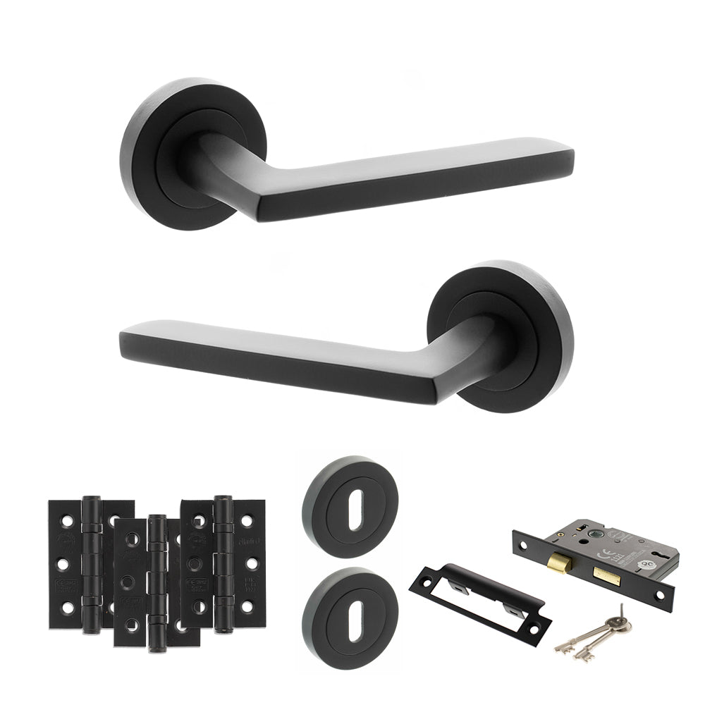 STATUS Alaska Door Handle Pack (3 Lever Lock Set - 2.5" CE Sashlock, 3" Premium Hinges x3) - Matt Black