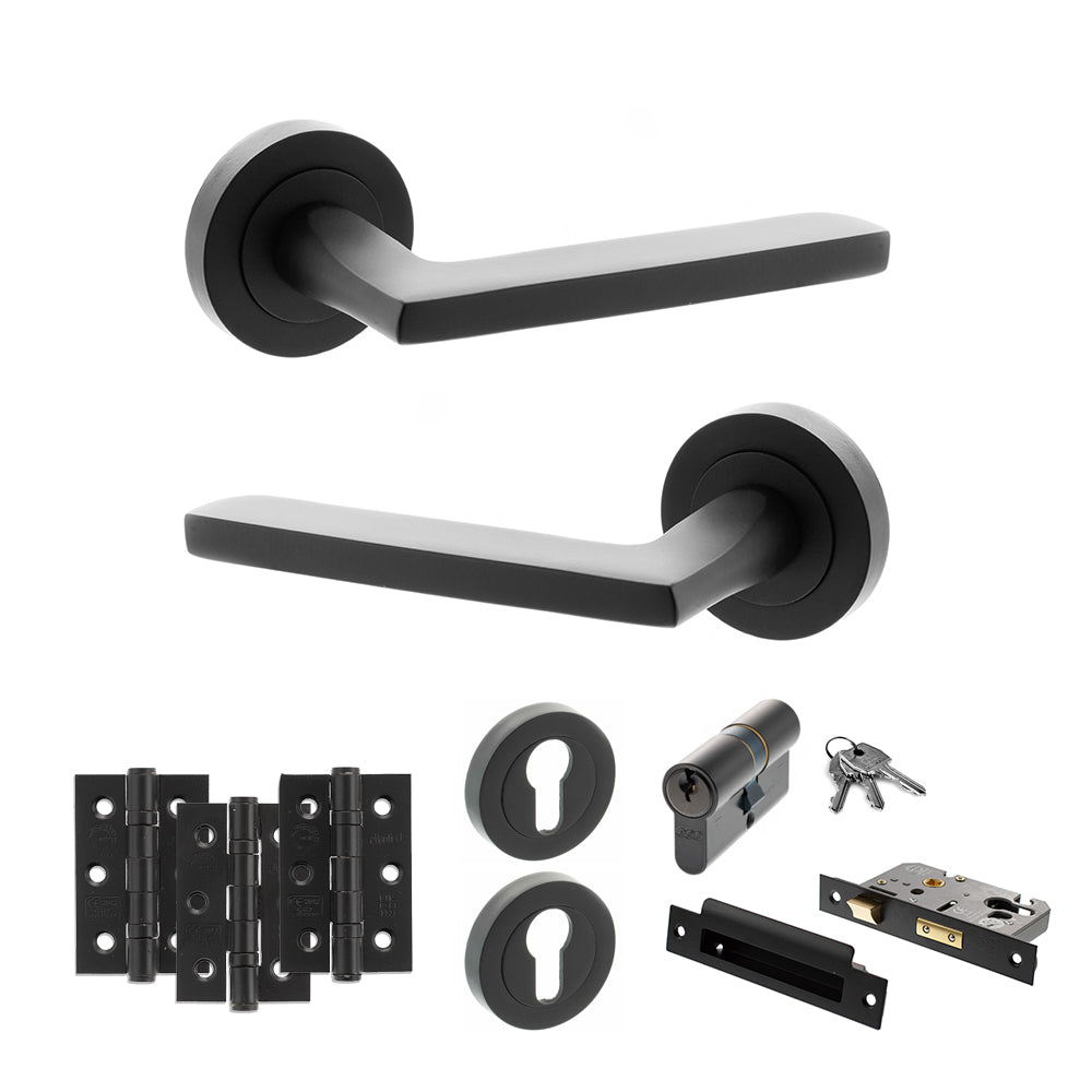 STATUS Alaska Door Handle Pack (Euro Lock Set - 3" CE Sashlock, 3" Premium Hinges x3) - Matt Black