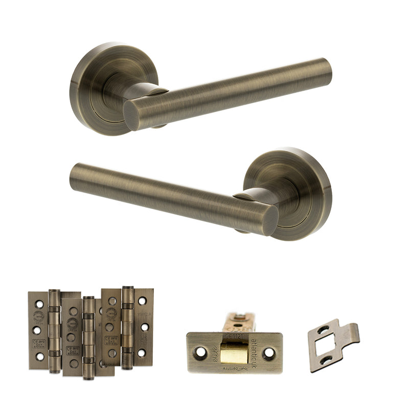 STATUS Nebraska Door Handle Pack (Latch Set - 3" CE Latch, 3" Fire Rated Hinges x3) - Antique Brass