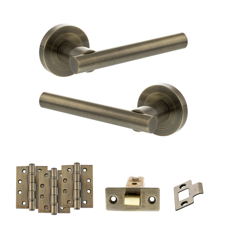 STATUS Nebraska Door Handle Pack (Latch Set - 2.5" CE Latch, 4" Fire Rated Hinges x3) - Antique Brass
