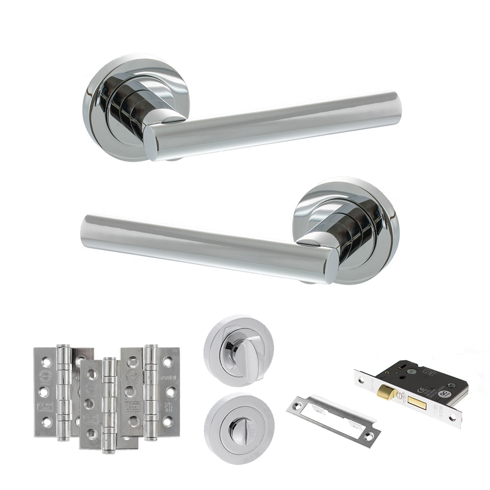 STATUS Nebraska Door Handle Pack (Bathroom Set - 2.5" CE Bathroom Lock, 3" Premium Hinges x3) - Polished Chrome