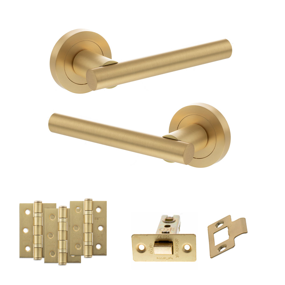 STATUS Nebraska Door Handle Pack (Latch Set - 3" CE Latch, 3" Premium Hinges x3) - Satin Brass