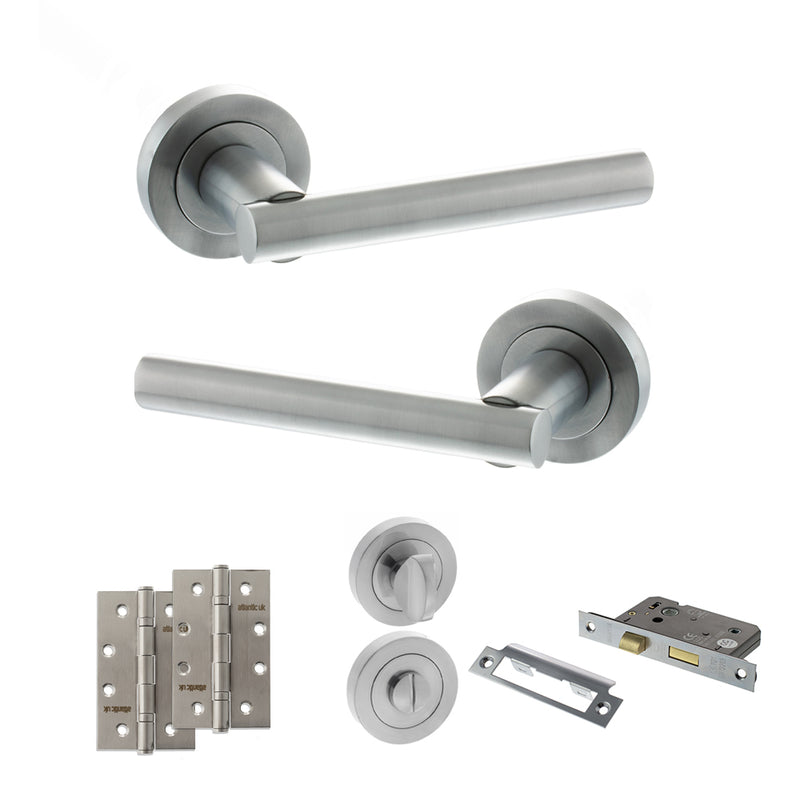 STATUS Nebraska Door Handle Pack (Bathroom Set - 2.5" CE Bathroom Lock, 4" Slim Knuckle Hinges x2) - Satin Chrome