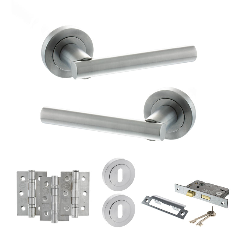 STATUS Nebraska Door Handle Pack (3 Lever Lock Set - 2.5" CE Sashlock, 3" Fire Rated Hinges x3) - Satin Chrome