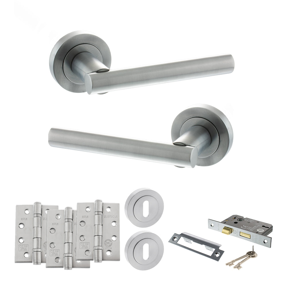 STATUS Nebraska Door Handle Pack (3 Lever Lock Set - 2.5" CE Sashlock, 4" Fire Rated Hinges x3) - Satin Chrome