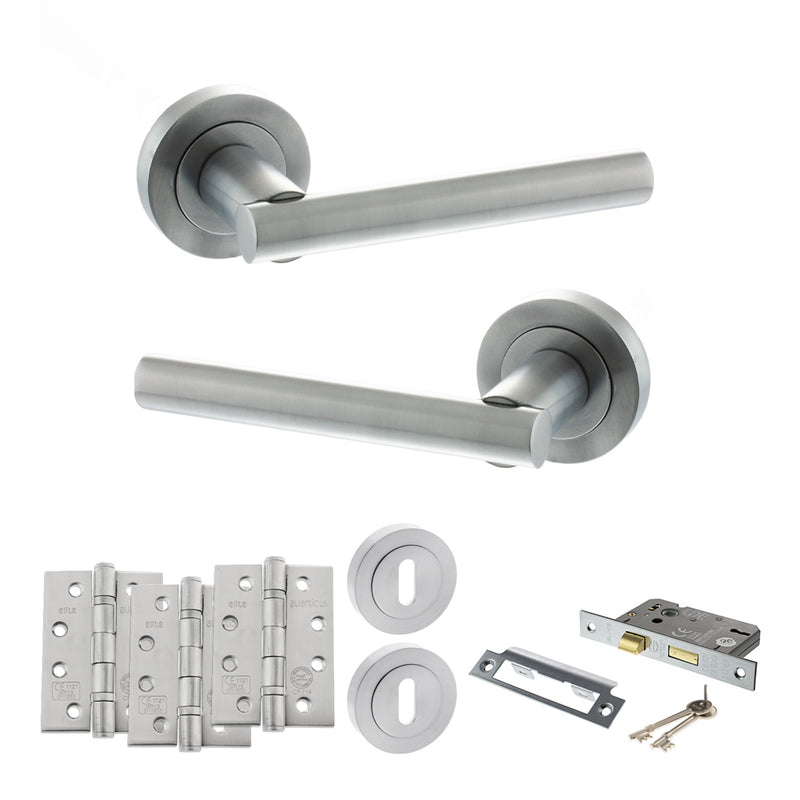 STATUS Nebraska Door Handle Pack (3 Lever Lock Set - 2.5" CE Sashlock, 4" Fire Rated Hinges x3) - Satin Chrome