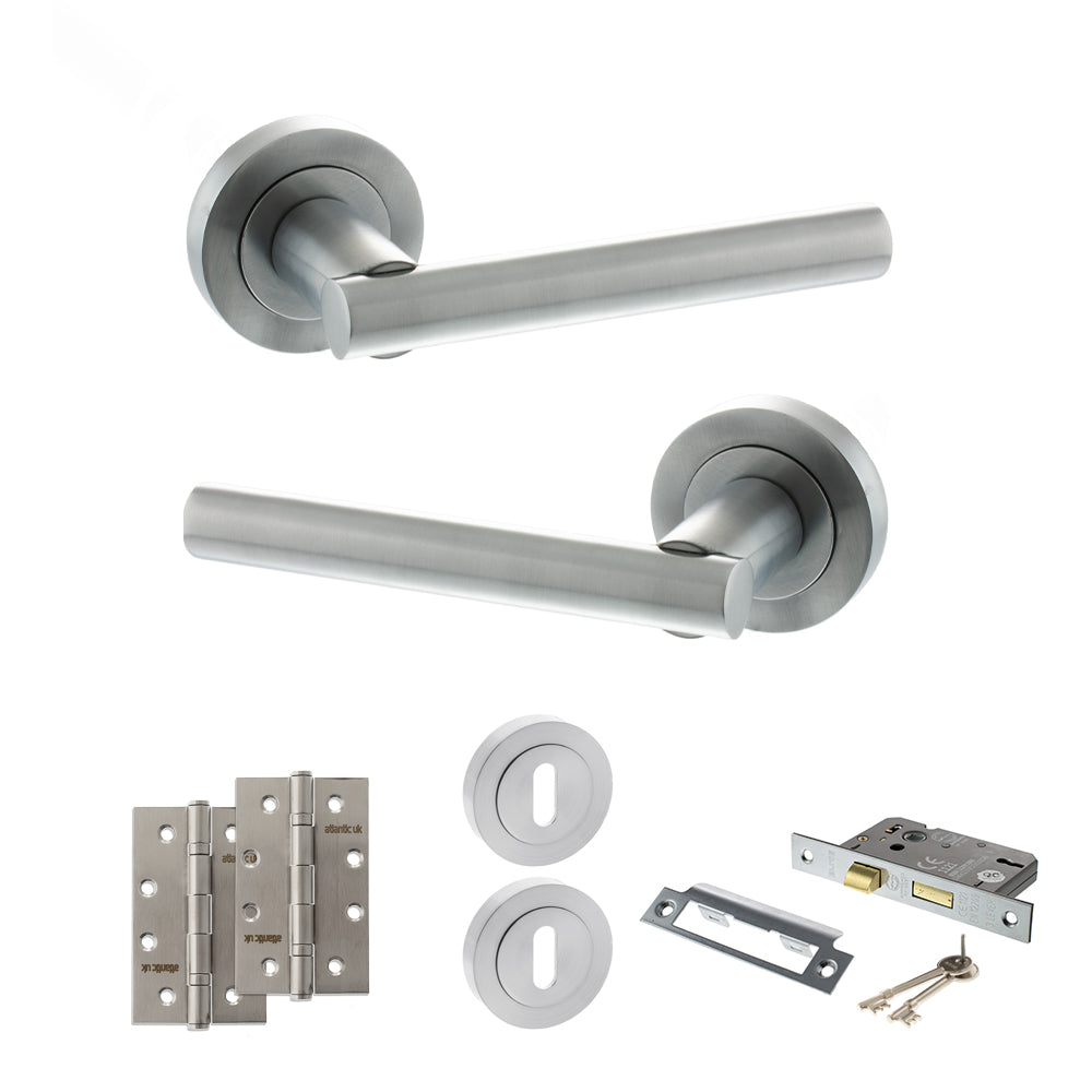 STATUS Nebraska Door Handle Pack (3 Lever Lock Set - 2.5" CE Sashlock, 4" Slim Knuckle Hinges x2) - Satin Chrome