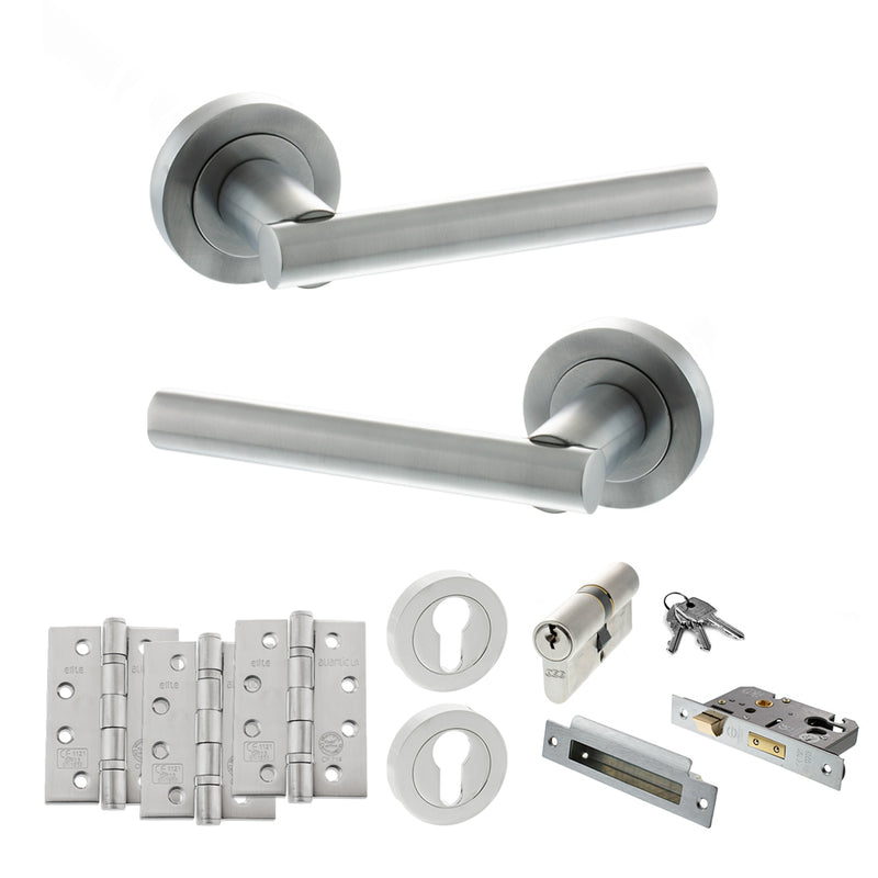 STATUS Nebraska Door Handle Pack (Euro Lock Set - 3" CE Sashlock, 4" Fire Rated Hinges x3) - Satin Chrome