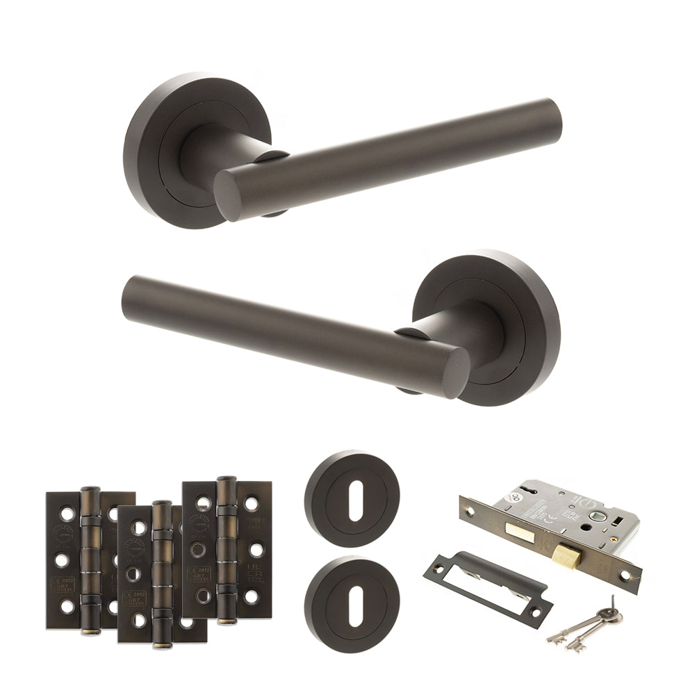 STATUS Nebraska Door Handle Pack (3 Lever Lock Set - 2.5" CE Sashlock, 3" Premium Hinges x3) - Urban Dark Bronze