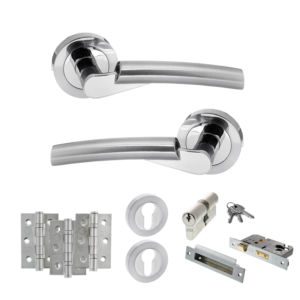 STATUS Florida Door Handle Pack (Euro Lock Set - 2.5" CE Sashlock, 3" Premium Hinges x3) - Satin Chrome/Polished Chrome