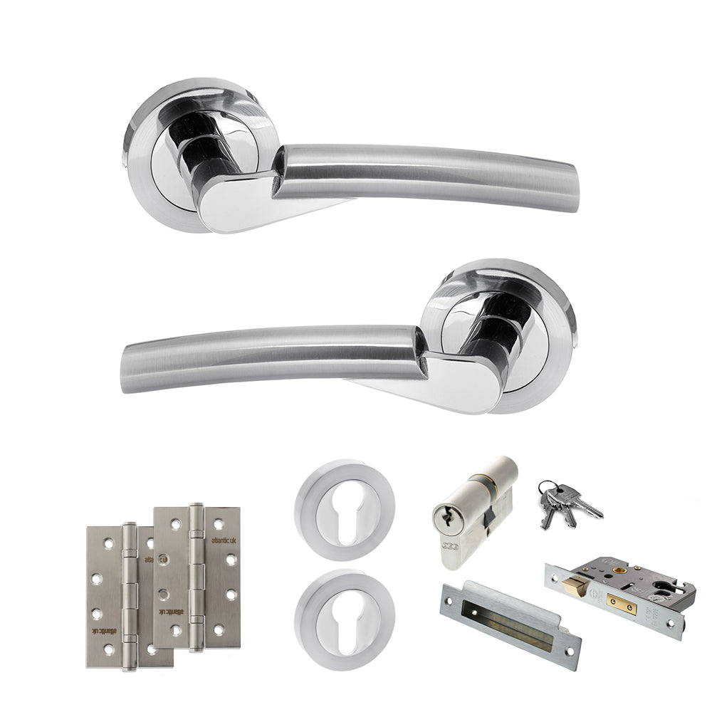 STATUS Florida Door Handle Pack (Euro Lock Set - 3" CE Sashlock, 4" Slim Knuckle Hinges x2) - Satin Chrome/Polished Chrome