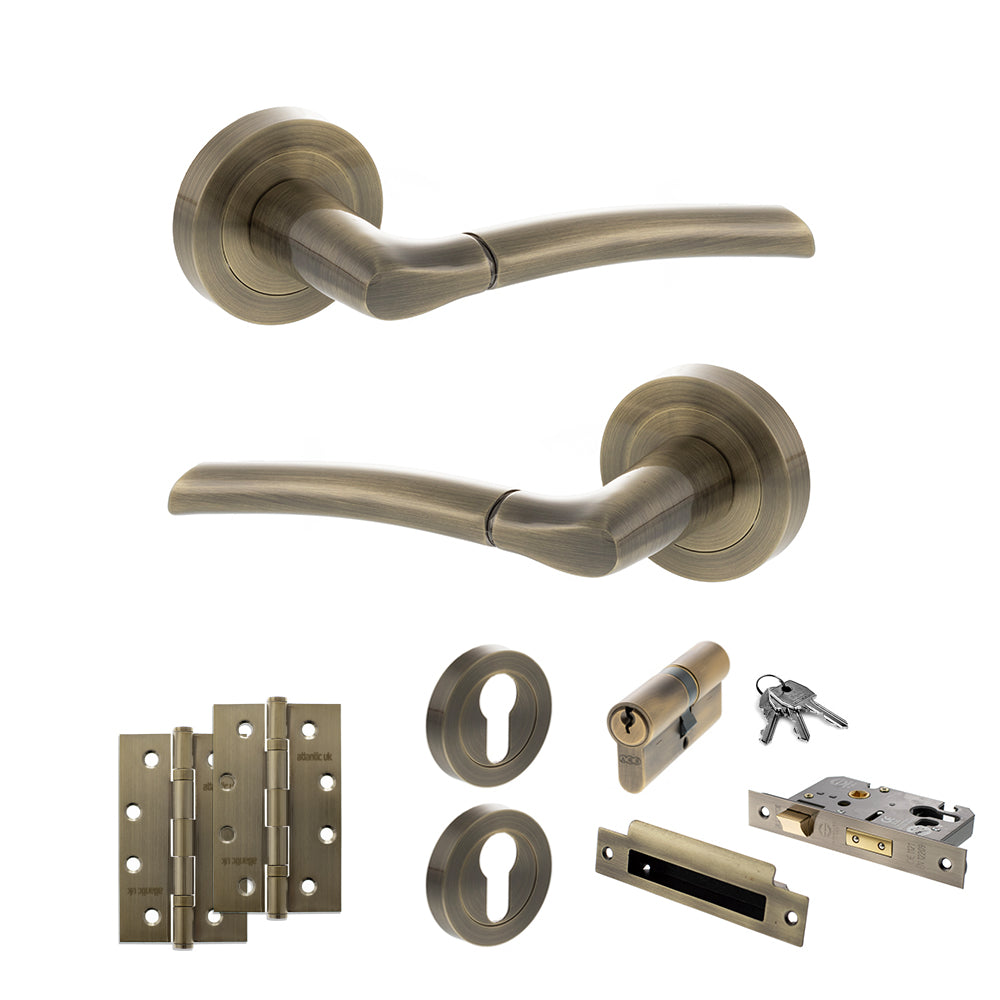 STATUS Indiana Door Handle Pack (Euro Lock Set - 3" CE Sashlock, 4" Slim Knuckle Hinges x2) - Antique Brass