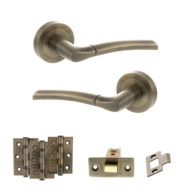 STATUS Indiana Door Handle Pack (Latch Set - 3" CE Latch, 3" Premium Hinges x3) - Antique Brass