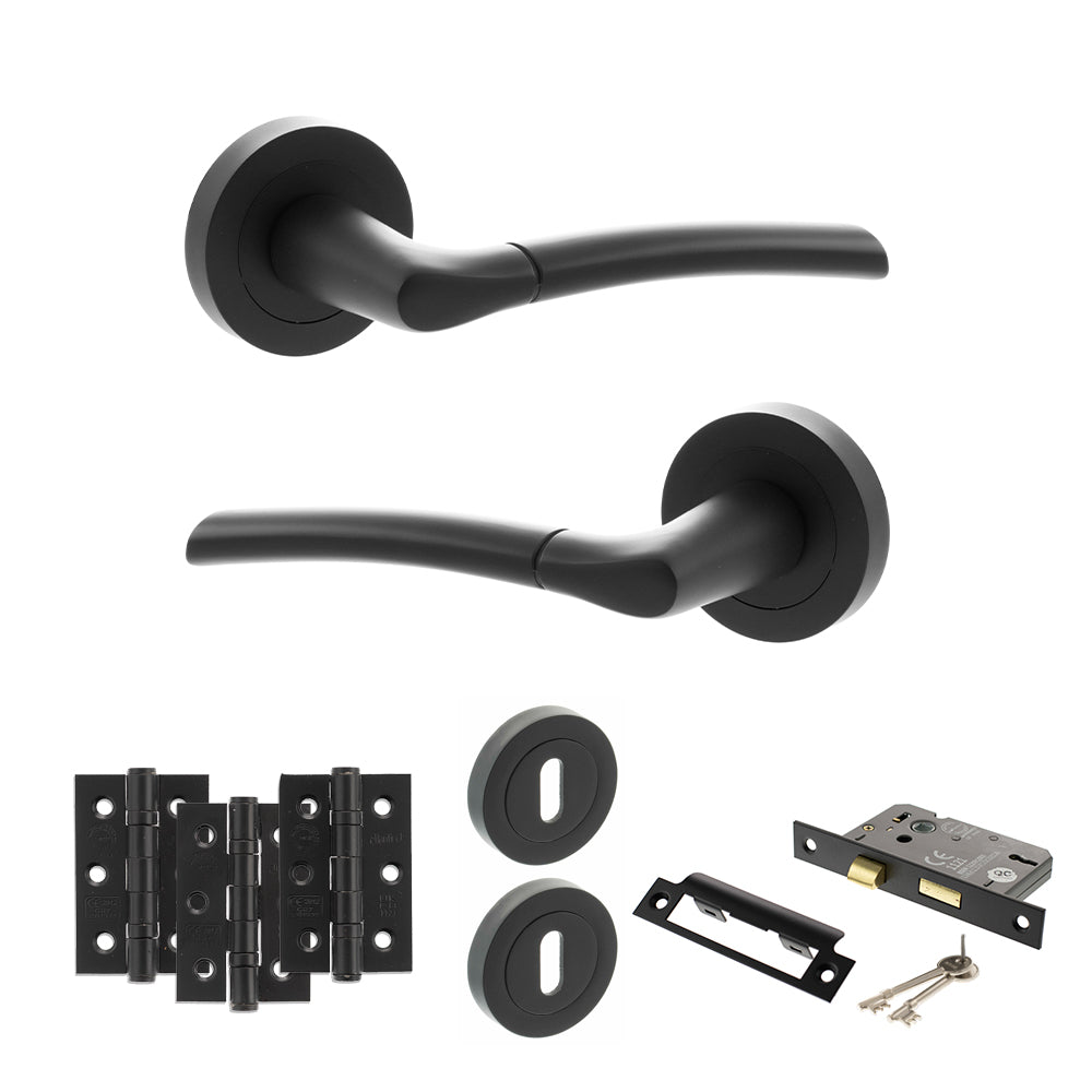 STATUS Indiana Door Handle Pack (3 Lever Lock Set - 2.5" CE Sashlock, 3" Premium Hinges x3) - Matt Black