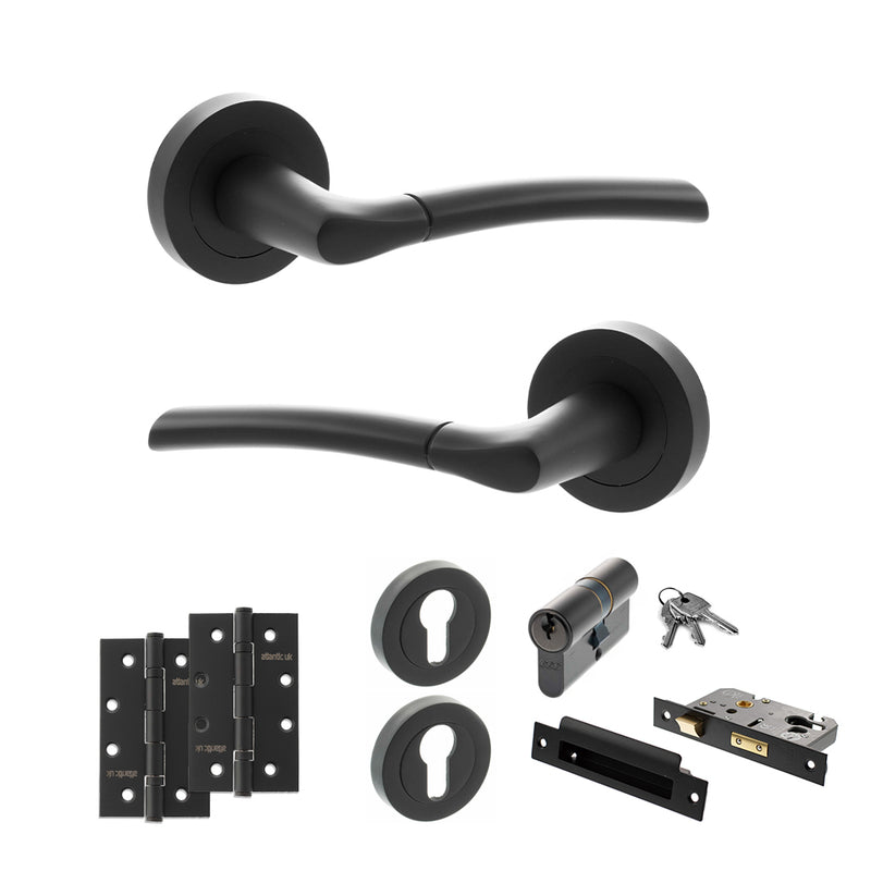 STATUS Indiana Door Handle Pack (Euro Lock Set - 2.5" CE Sashlock, 4" Slim Knuckle Hinges x2) - Matt Black