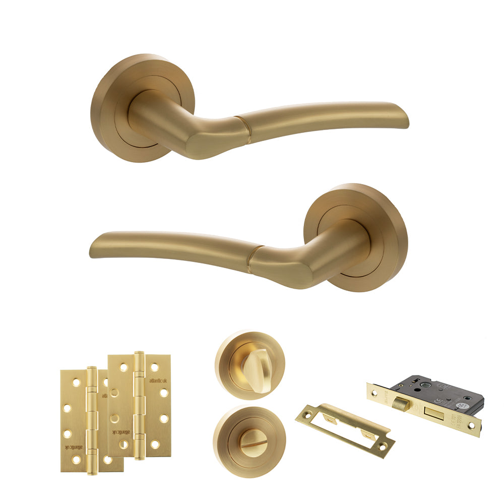 STATUS Indiana Door Handle Pack (Bathroom Set - 3" CE Bathroom Lock, 4" Slim Knuckle Hinges x2) - Satin Brass