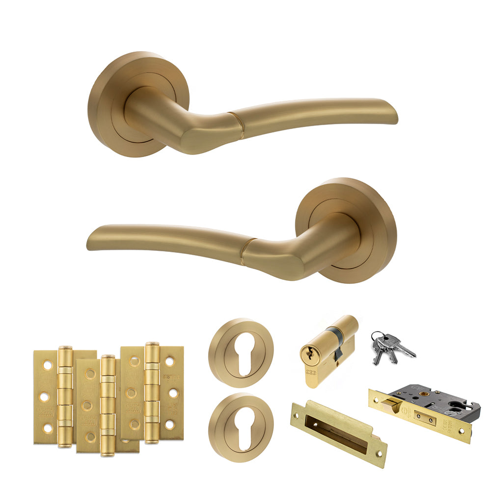 STATUS Indiana Door Handle Pack (Euro Lock Set - 2.5" CE Sashlock, 3" Premium Hinges x3) - Satin Brass