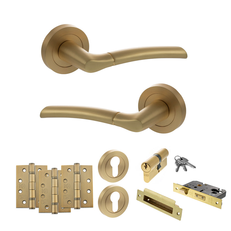 STATUS Indiana Door Handle Pack (Euro Lock Set - 2.5" CE Sashlock, 4" Fire Rated Hinges x3) - Satin Brass