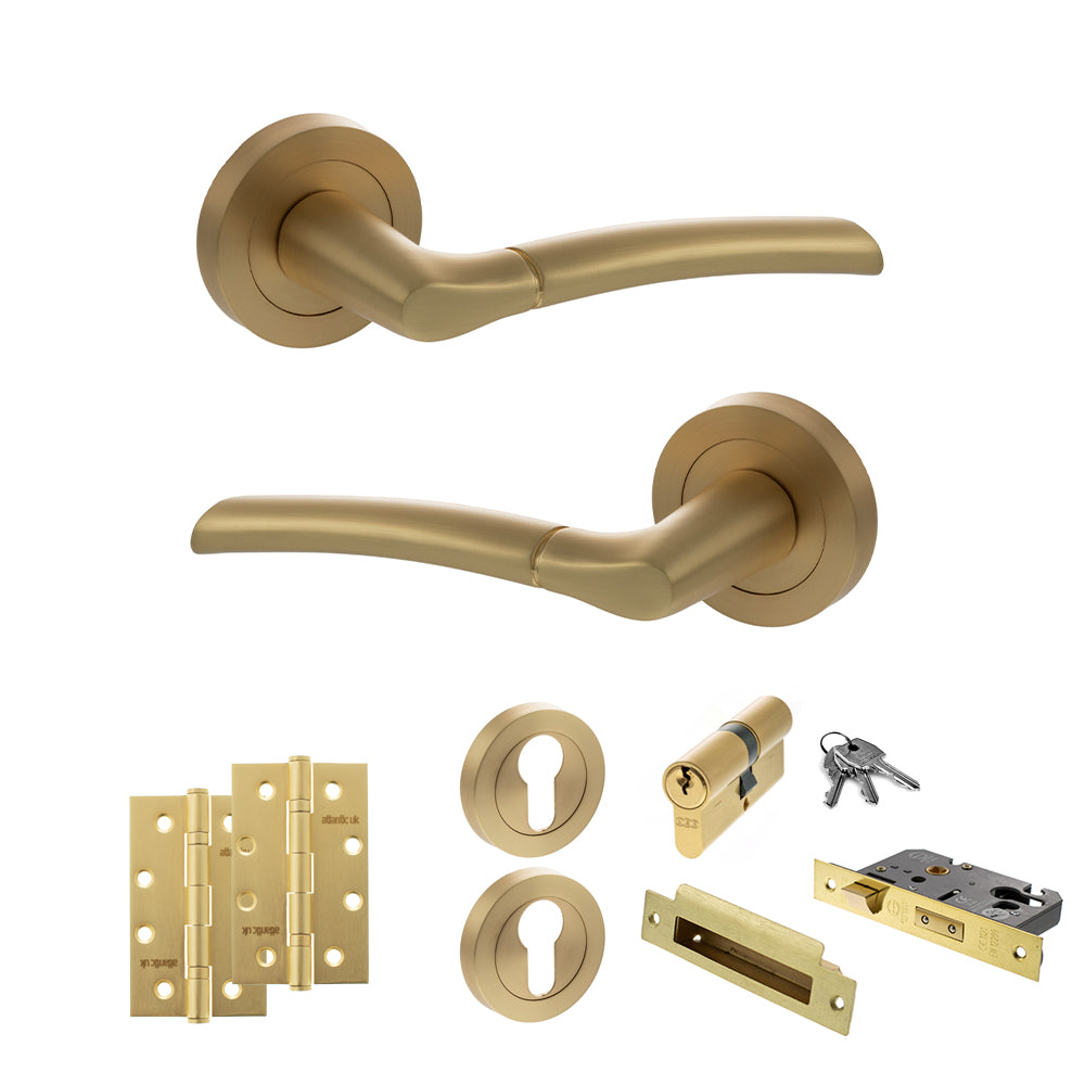 STATUS Indiana Door Handle Pack (Euro Lock Set - 2.5" CE Sashlock, 4" Slim Knuckle Hinges x2) - Satin Brass