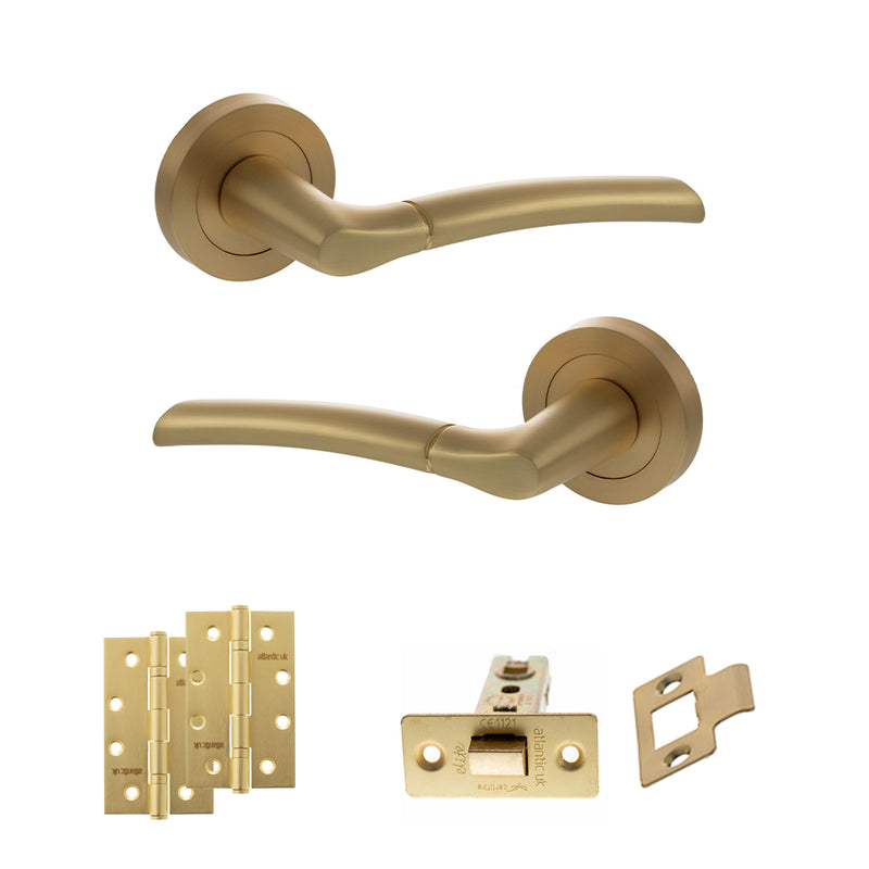 STATUS Indiana Door Handle Pack (Latch Set - 2.5" CE Latch, 4" Slim Knuckle Hinges x2) - Satin Brass
