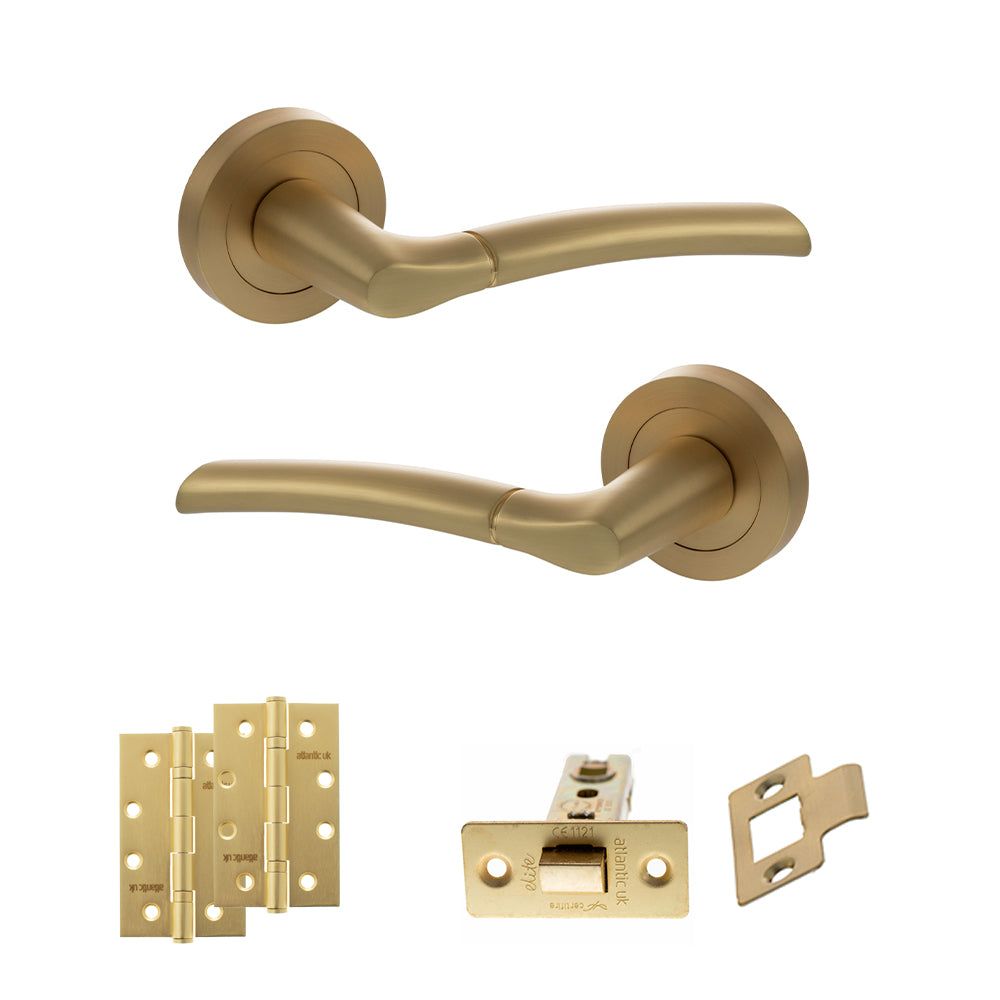 STATUS Indiana Door Handle Pack (Latch Set - 3" CE Latch, 4" Slim Knuckle Hinges x2) - Satin Brass