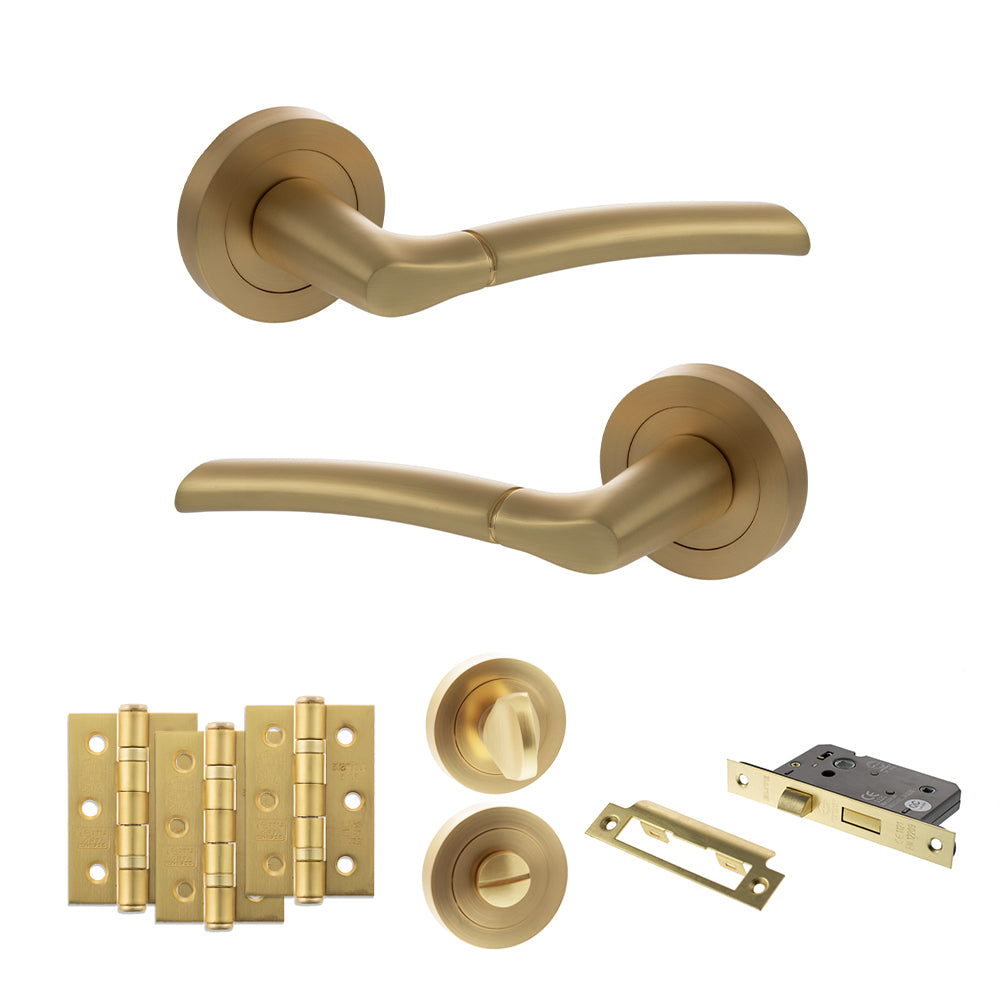 STATUS Indiana Door Handle Pack (Bathroom Set - 3" CE Bathroom Lock, 3" Premium Hinges x3) - Satin Brass