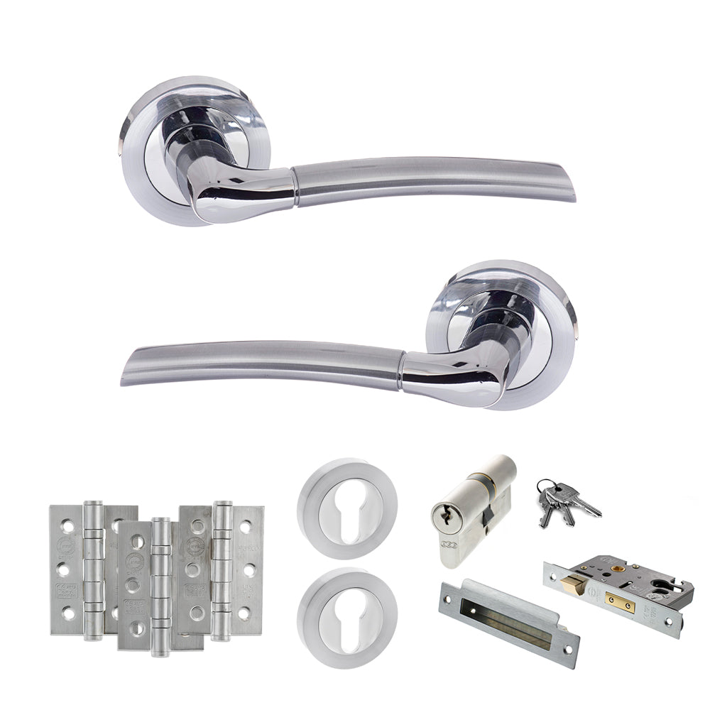STATUS Indiana Door Handle Pack (Euro Lock Set - 2.5" CE Sashlock, 3" Premium Hinges x3) - Satin Chrome/Polished Chrome