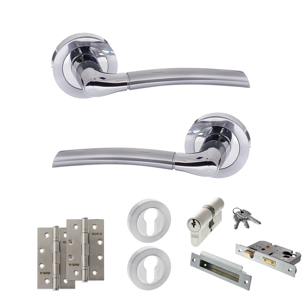 STATUS Indiana Door Handle Pack (Euro Lock Set - 2.5" CE Sashlock, 4" Slim Knuckle Hinges x2) - Satin Chrome/Polished Chrome