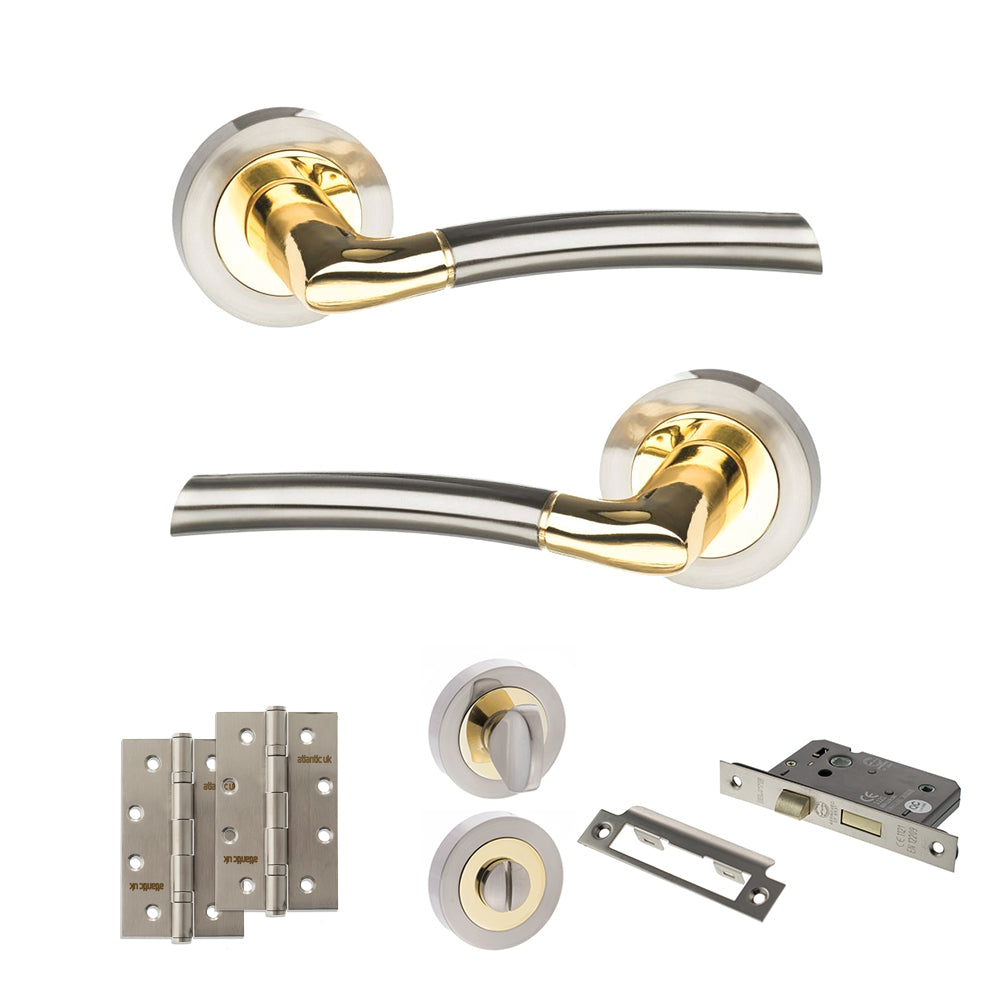 STATUS Indiana Door Handle Pack (Bathroom Set - 2.5" CE Bathroom Lock, 4" Slim Knuckle Hinges x2) - Satin Nickel/Polished Brass